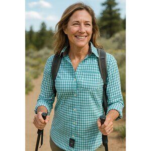 Dollyvarden M Teal White Gingham Button-Up Fishing Outdoor Hiking Shirt Cotton